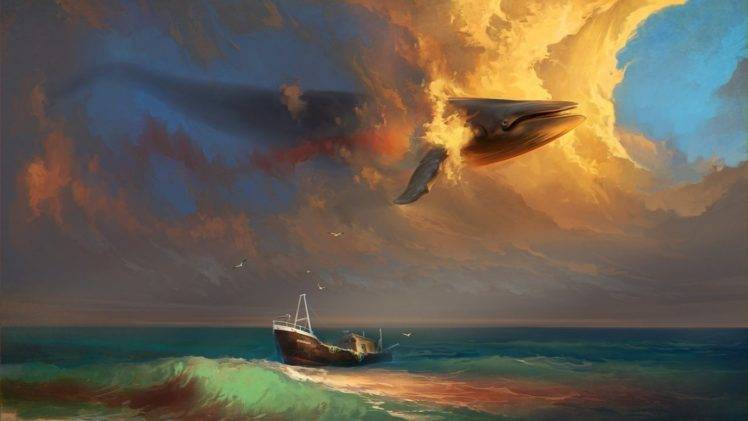 sea, Whale, Flying, Boat, Seagulls HD Wallpaper Desktop Background