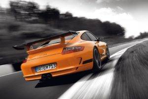 vehicle, Car, Porsche, Motion blur, Rear view, Porsche GT3RS, Orange cars, Selective coloring, Porsche 911 GT3 RS