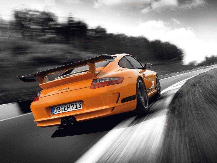vehicle, Car, Porsche, Motion blur, Rear view, Porsche GT3RS, Orange cars, Selective coloring, Porsche 911 GT3 RS HD Wallpaper Desktop Background