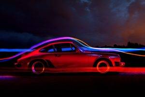 car, Porsche, Red cars, Light trails, Night