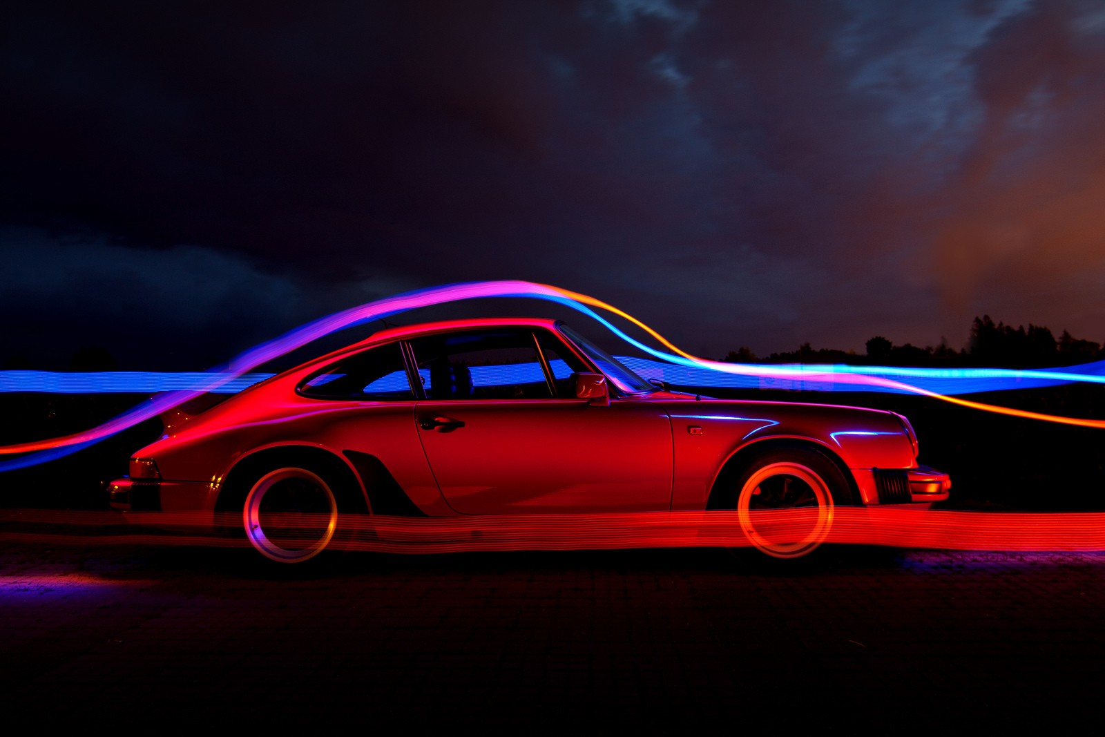 car, Porsche, Red cars, Light trails, Night Wallpaper