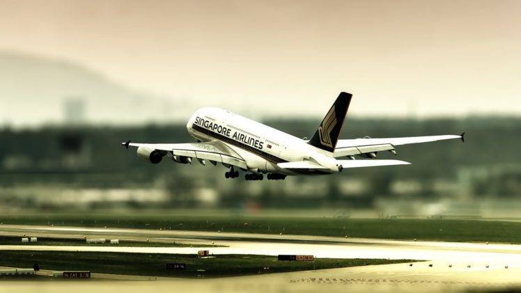 airplane, Tilt shift, Passenger aircraft, A380, Airbus, Aircraft, Vehicle HD Wallpaper Desktop Background