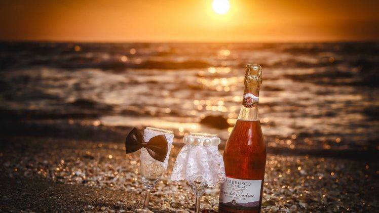 wine, Drink, Sea, Bowtie, Beach, Sunset HD Wallpaper Desktop Background