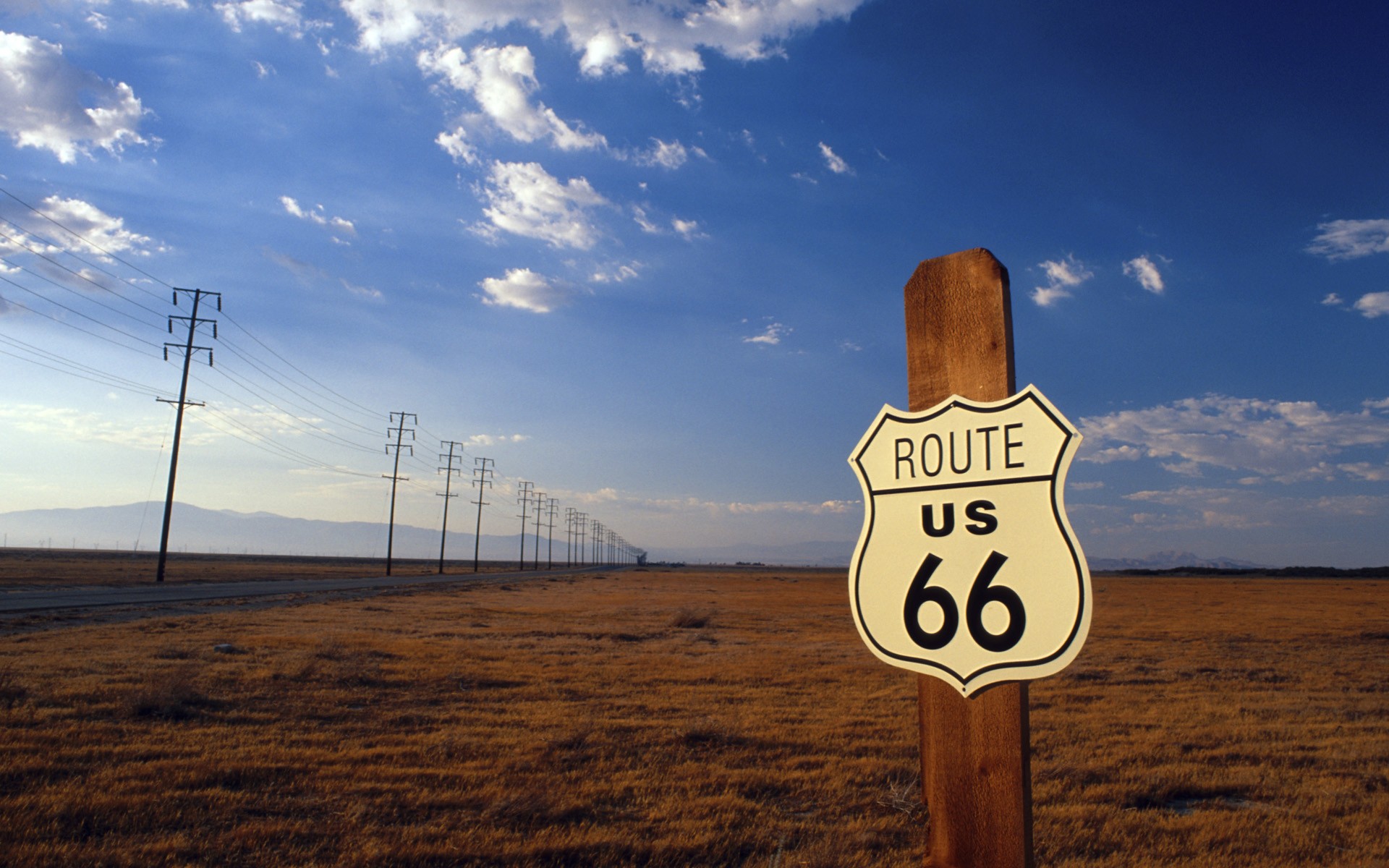 USA, Road, Route 66, Power lines, Field, Clouds, Utility pole Wallpaper