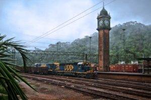 train, Railway, Diesel locomotives, Train station, Tower, Clocks, Trees, Brazil, Leaves, Clouds, São paulo
