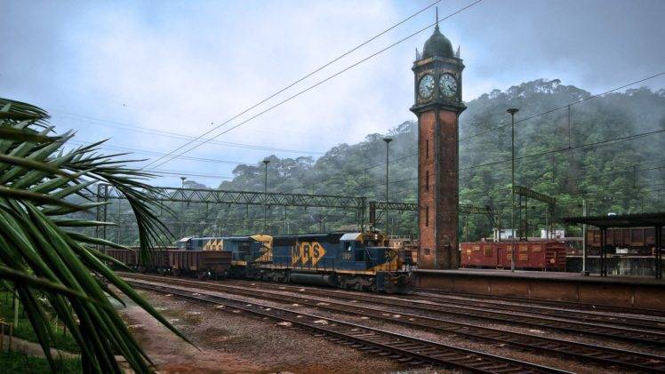 train, Railway, Diesel locomotives, Train station, Tower, Clocks, Trees, Brazil, Leaves, Clouds, São paulo HD Wallpaper Desktop Background