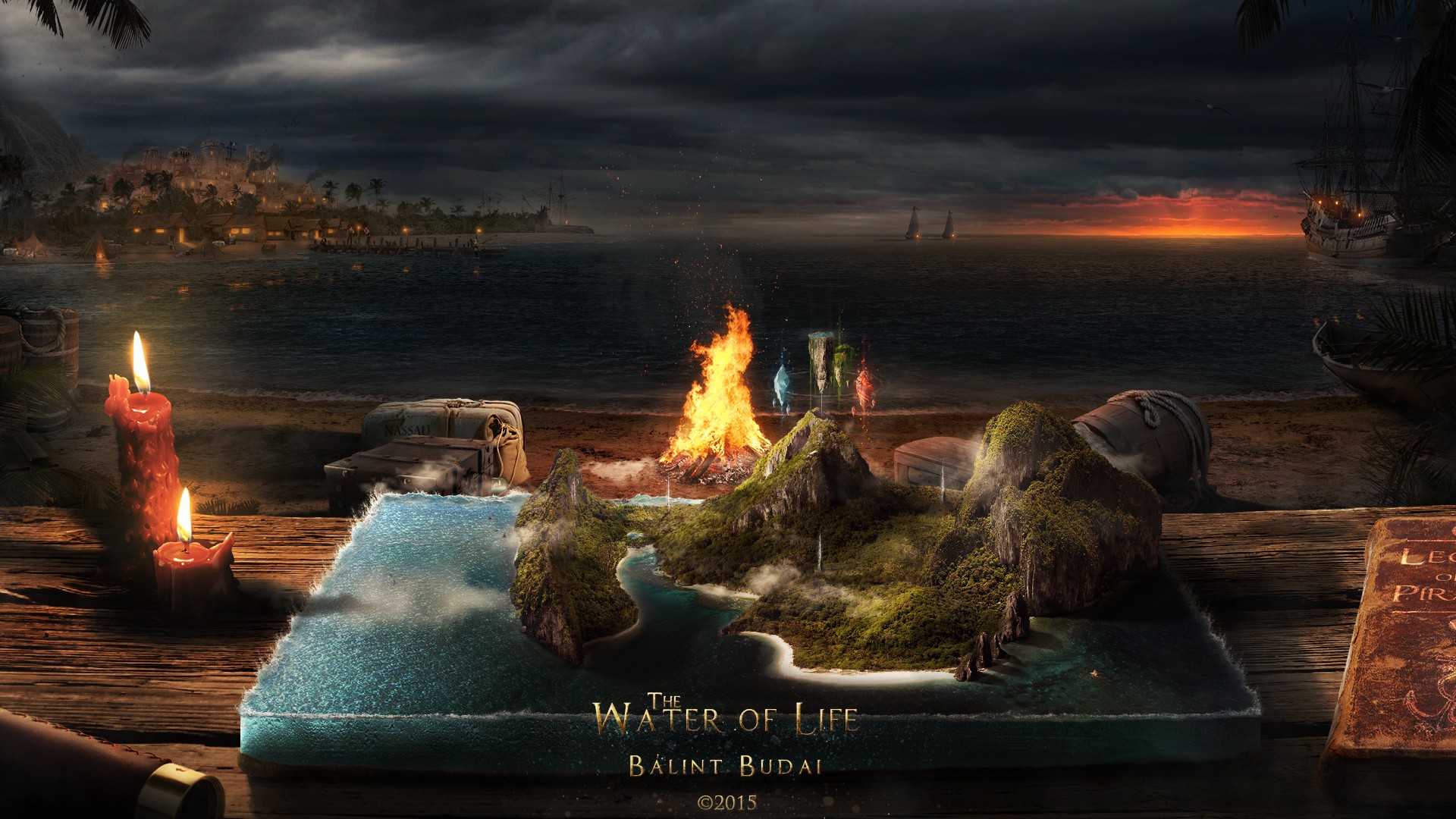 magic, Island, Life, Elements, Sea, Nassau, Candles, Barrels, Boat, Palm trees, Books, Night, Campfire Wallpaper