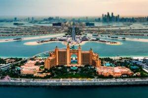 tilt shift, Cityscape, Dubai, United Arab Emirates, Architecture, Island, Sea, Hotels