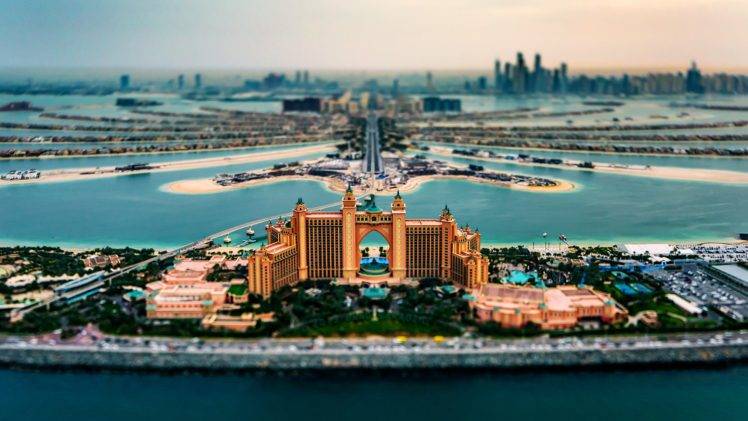 tilt shift, Cityscape, Dubai, United Arab Emirates, Architecture, Island, Sea, Hotels HD Wallpaper Desktop Background