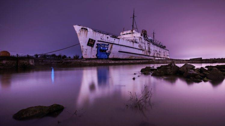 sea, Ship, Shipwreck, Water, Rock, Night, Long exposure, Blurred, Boat, Graffiti, Chains, Rust HD Wallpaper Desktop Background