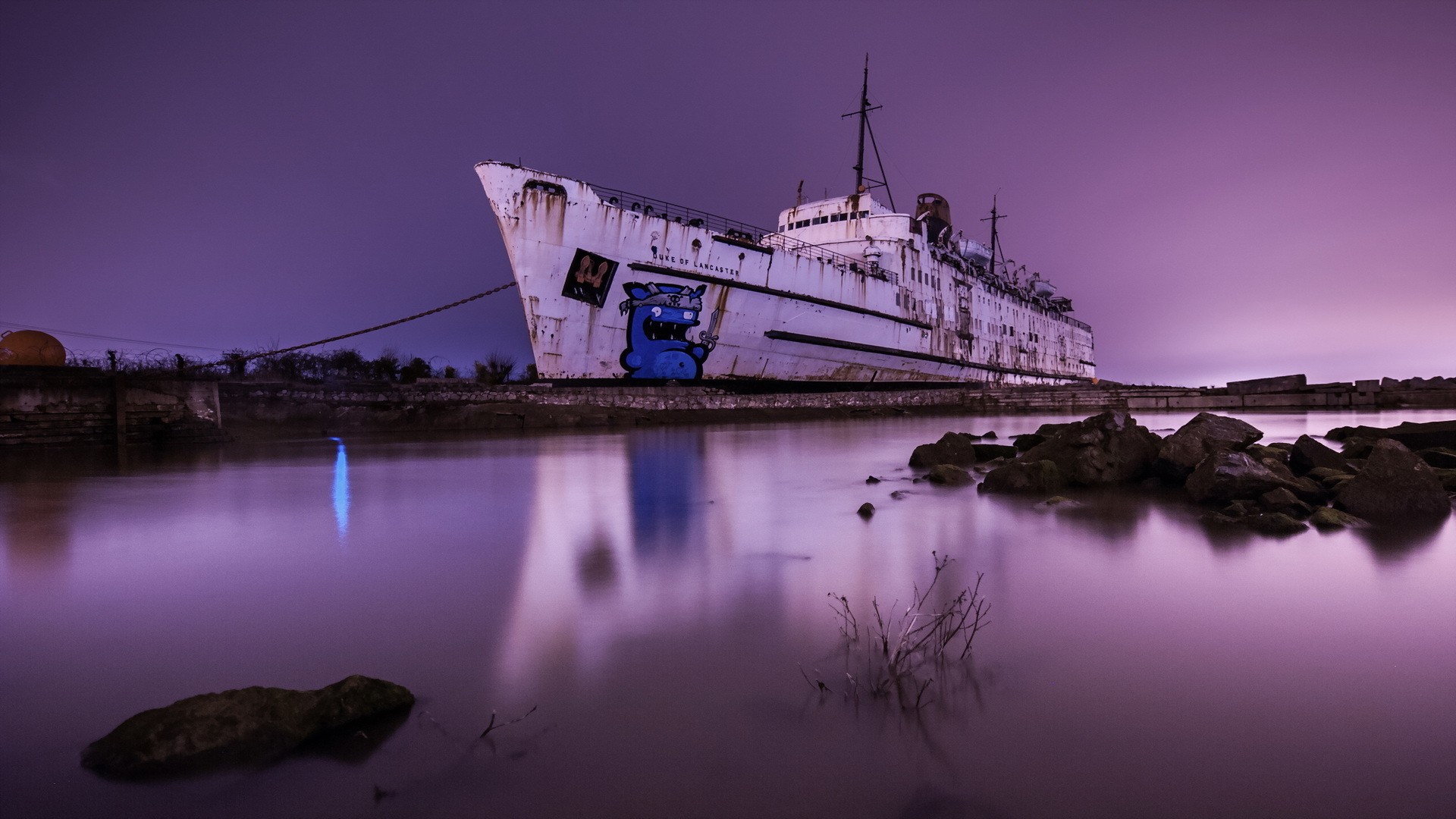 sea, Ship, Shipwreck, Water, Rock, Night, Long exposure, Blurred, Boat, Graffiti, Chains, Rust Wallpaper
