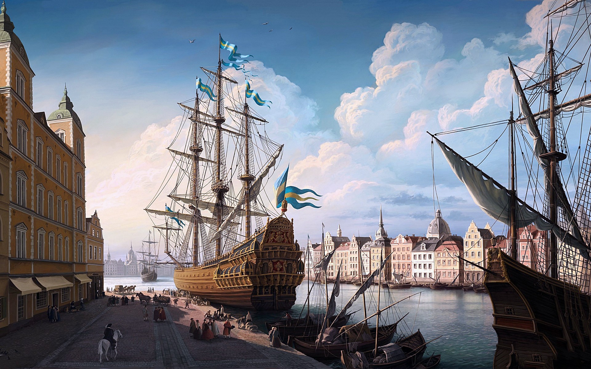 sailing ship, Sea, Painting, Artwork, Dock, Building, Boat, Street