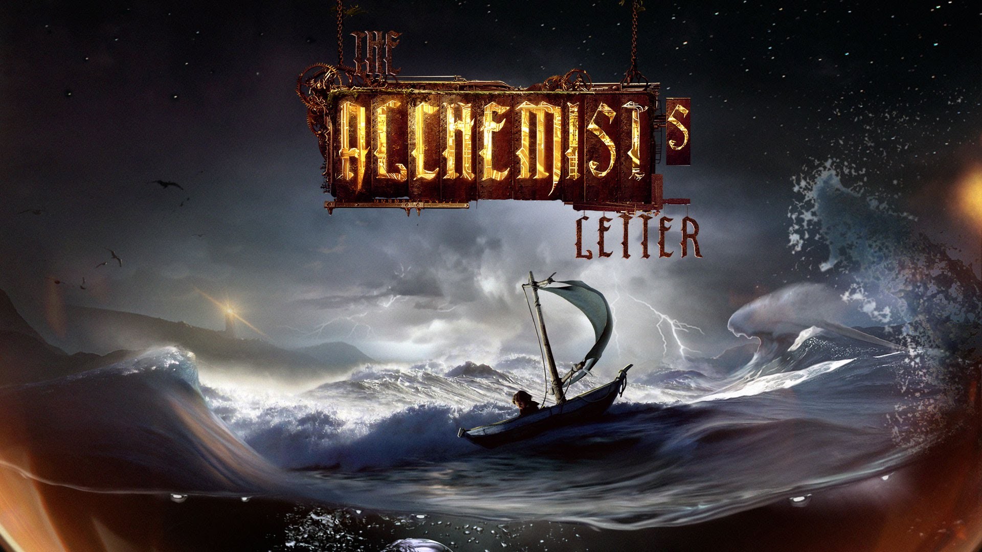 The Alchemists Letter, Sea, Storm, Boat, Water, Clouds, Lighthouse, Lightning, Children Wallpaper