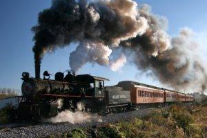 railway, Train, Vehicle, Steam locomotive, Smoke, Trees, Plants, New York state, USA, Men, Rail yard
