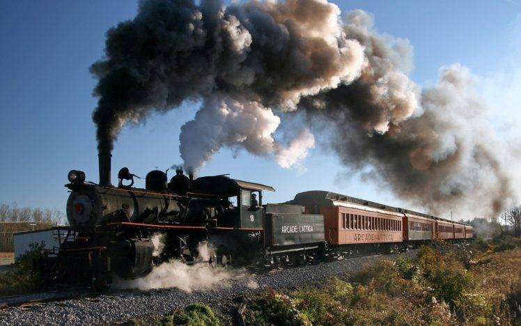 railway, Train, Vehicle, Steam locomotive, Smoke, Trees, Plants, New York state, USA, Men, Rail yard HD Wallpaper Desktop Background