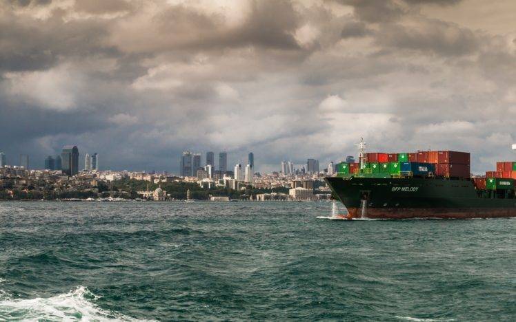 Turkey, Istanbul, City, Cityscape, Ship, Container ship, Sea, Clouds, Waves, Overcast HD Wallpaper Desktop Background