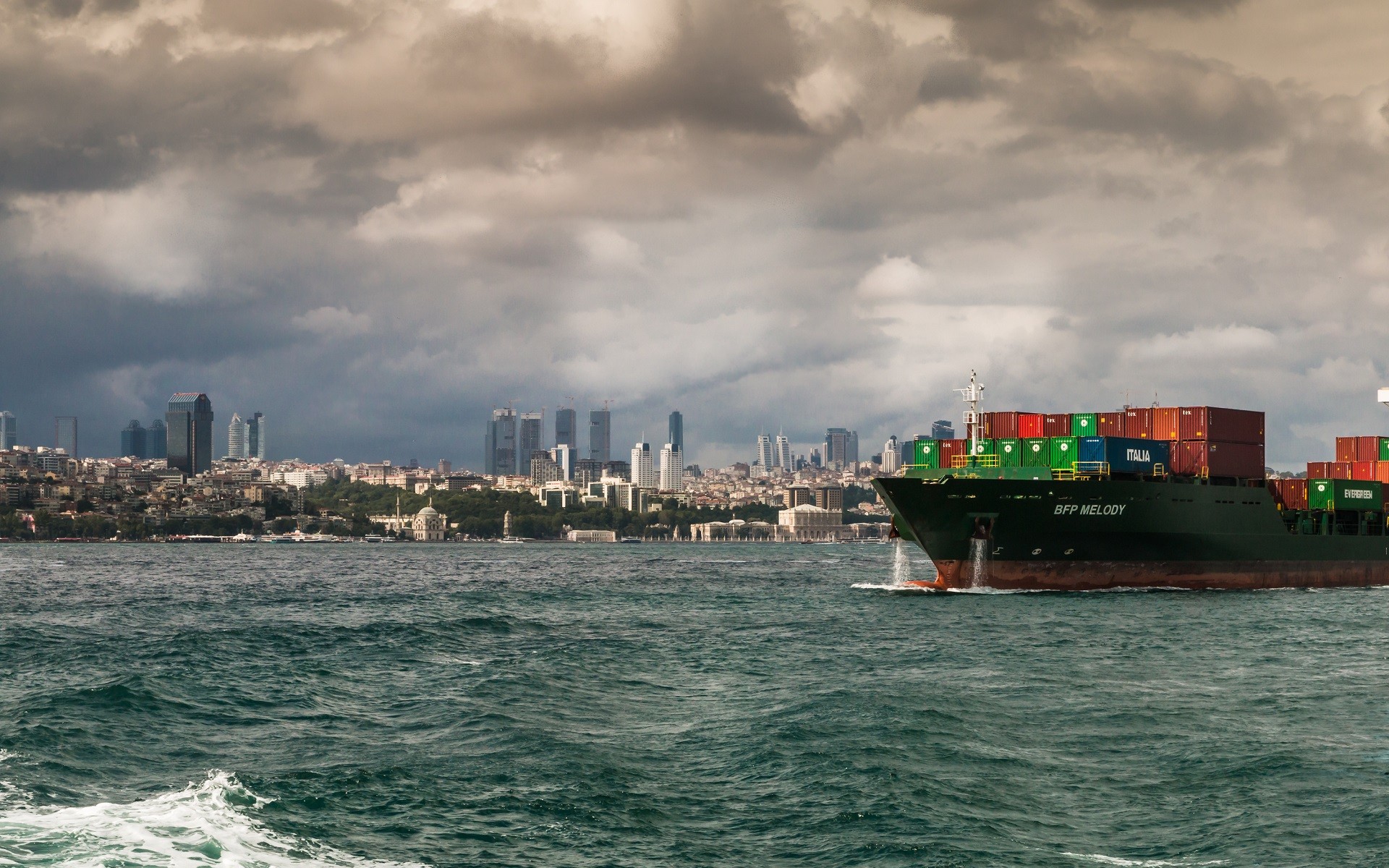 Turkey, Istanbul, City, Cityscape, Ship, Container ship, Sea, Clouds, Waves, Overcast Wallpaper