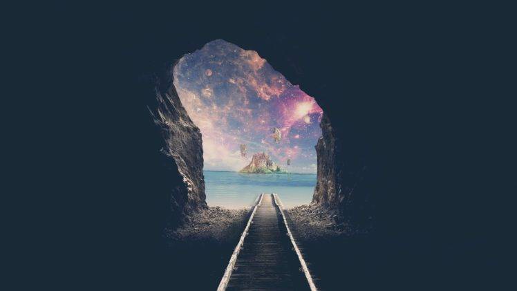 artwork, Tunnel, Railway, Island, Stars HD Wallpaper Desktop Background