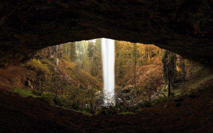 waterfall, Forest, Cave HD Wallpaper Desktop Background