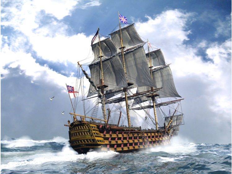 Manowar, Ship, Clouds, Sea HD Wallpaper Desktop Background