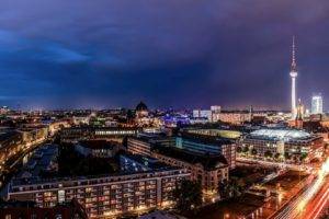 architecture, Building, Cityscape, City, Capital, Long exposure, Berlin, Germany, Street, Lights, Light trails, Modern, Tower, Antenna, Cathedral, Clouds, Night, Urban, Trees