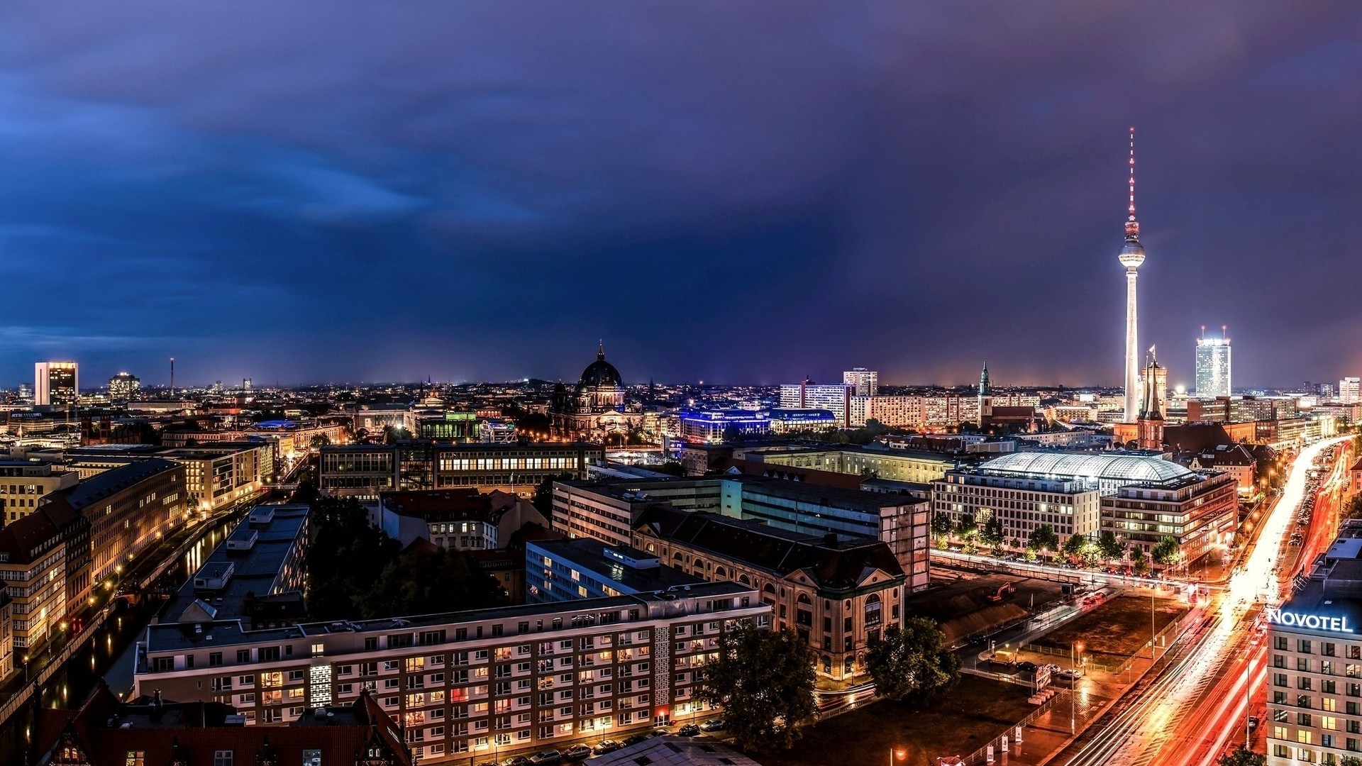 architecture, Building, Cityscape, City, Capital, Long exposure, Berlin, Germany, Street, Lights, Light trails, Modern, Tower, Antenna, Cathedral, Clouds, Night, Urban, Trees Wallpaper