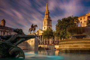 architecture, Building, Cityscape, City, Capital, Long exposure, London, England, UK, Statue, Sculpture, Water, Fountain, Church, Old building, Trees, People, Town square, Clouds