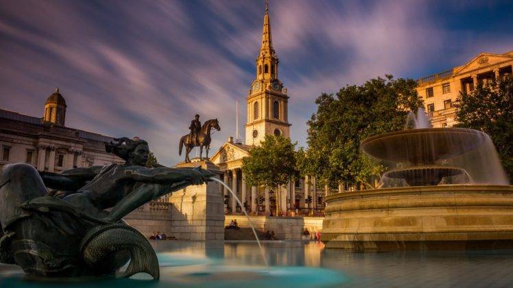 architecture, Building, Cityscape, City, Capital, Long exposure, London, England, UK, Statue, Sculpture, Water, Fountain, Church, Old building, Trees, People, Town square, Clouds HD Wallpaper Desktop Background