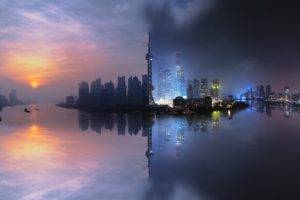 city, Cityscape, Shanghai, China, Skyscraper, Building, Sunset, Tower, Clouds, Sea, Reflection, Lights, Photo manipulation, Filter