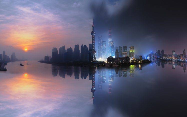city, Cityscape, Shanghai, China, Skyscraper, Building, Sunset, Tower, Clouds, Sea, Reflection, Lights, Photo manipulation, Filter HD Wallpaper Desktop Background