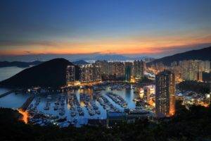 Hong Kong, Harbor, Mountain, Sunset