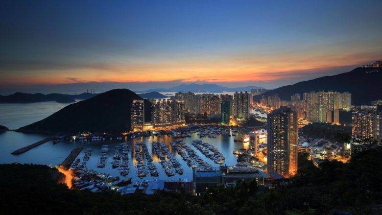 Hong Kong, Harbor, Mountain, Sunset HD Wallpaper Desktop Background