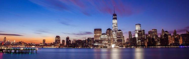 New York City, City, Lights, Sunset, Reflection, Multiple display HD Wallpaper Desktop Background