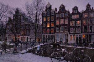 building, City, Snow, Winter, Bicycle, Bridge, Trees, Amsterdam, Netherlands