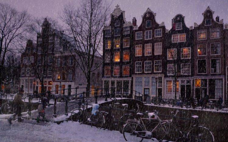 building, City, Snow, Winter, Bicycle, Bridge, Trees, Amsterdam, Netherlands HD Wallpaper Desktop Background