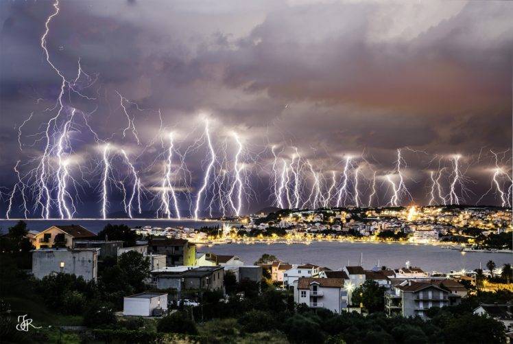 lightning, Storm, City, Cityscape, Clouds, Overcast, Sea HD Wallpaper Desktop Background