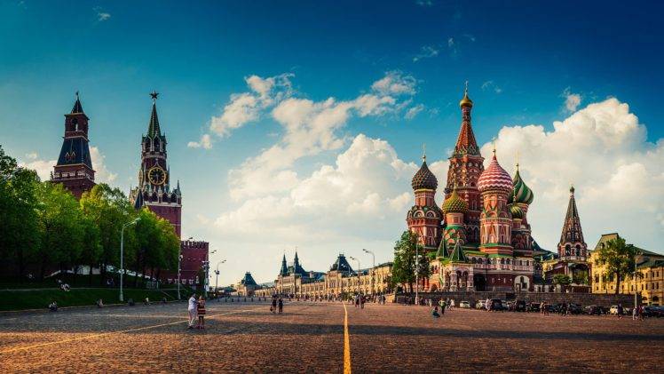 cityscape, Architecture, City, Building, Urban, Moscow, Russia, Kremlin, Town square, Cathedral, Old building, People, Street, Trees, Clouds, Clock towers, Red Square, Pavers, Capital HD Wallpaper Desktop Background