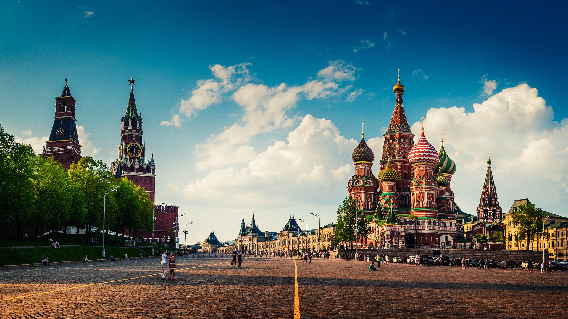 cityscape, Architecture, City, Building, Urban, Moscow, Russia, Kremlin, Town square, Cathedral, Old building, People, Street, Trees, Clouds, Clock towers, Red Square, Pavers, Capital Wallpaper