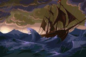 pixels, Pixel art, Ship, Sea, Waves, Storm, Rain, Clouds