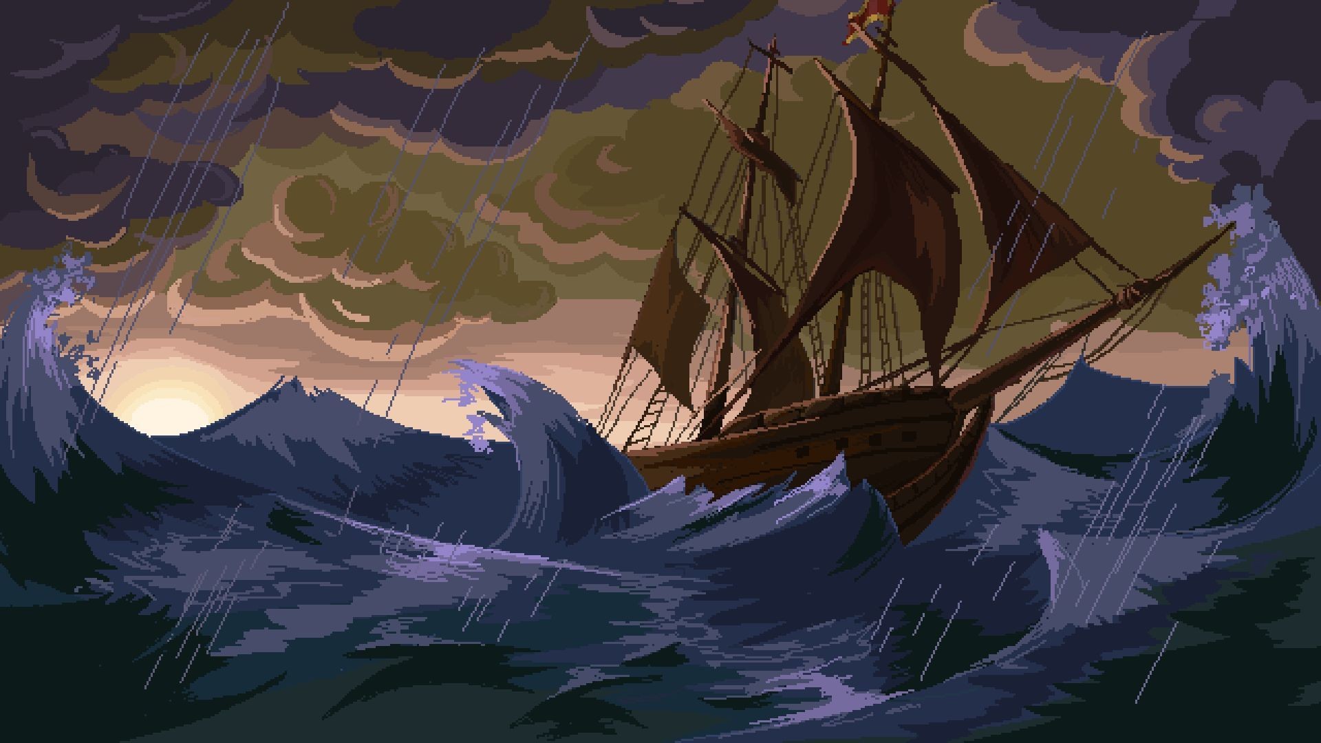 pixels, Pixel art, Ship, Sea, Waves, Storm, Rain, Clouds Wallpaper