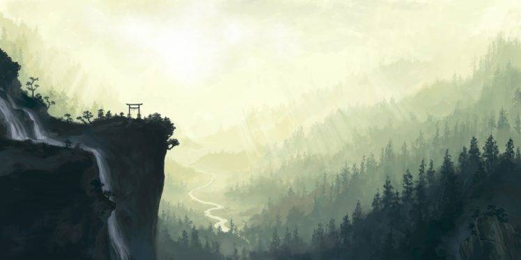 mountain, Forest, Waterfall HD Wallpaper Desktop Background