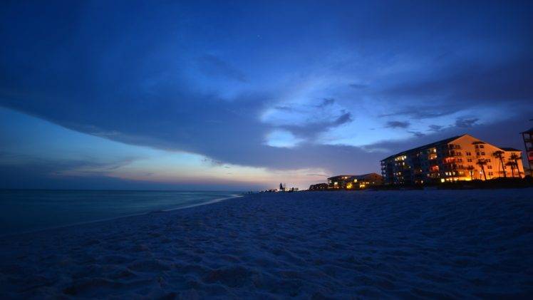 beach, Sand, Night, Clouds, Lights, Water, Waves, Palm trees, House HD Wallpaper Desktop Background