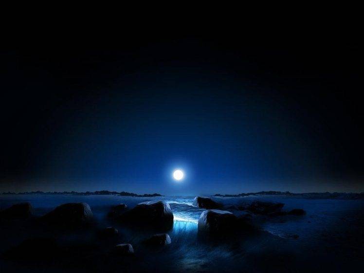 moon, Moonlight, Rock, Water, Beach HD Wallpaper Desktop Background