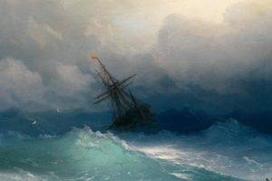 painting, Ivan Aivazovsky, Sea, Ship, Seagulls, Waves, Classic art