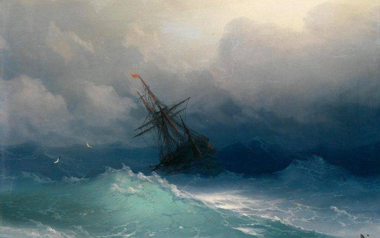 painting, Ivan Aivazovsky, Sea, Ship, Seagulls, Waves, Classic art HD Wallpaper Desktop Background