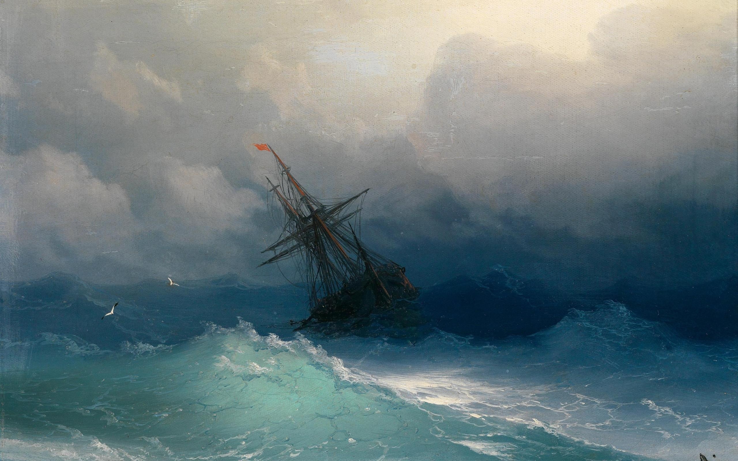painting, Ivan Aivazovsky, Sea, Ship, Seagulls, Waves, Classic art Wallpaper