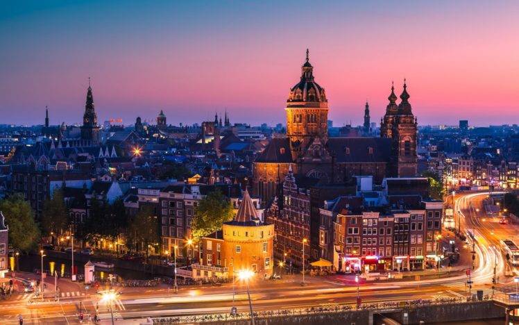 city, Cityscape, Netherlands, Amsterdam, Building, Road, Sunset, Lights, Street light HD Wallpaper Desktop Background