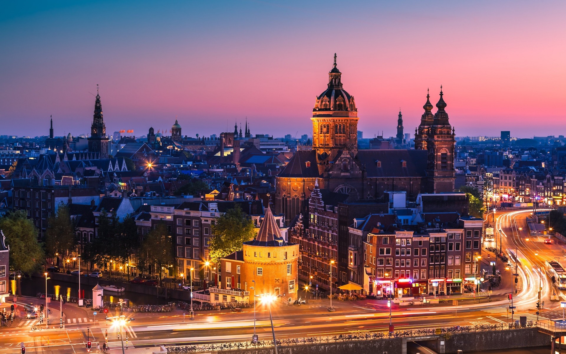 city, Cityscape, Netherlands, Amsterdam, Building, Road, Sunset, Lights, Street light Wallpaper
