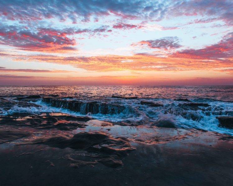 sea, Rock, Waves, Sunset, Beach, Clouds HD Wallpaper Desktop Background