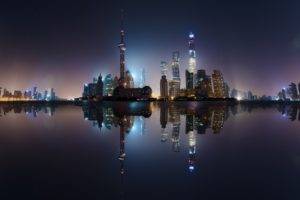 Shanghai, China, City, Cityscape, Skyscraper, Tower, Water, Sea, Reflection, Night, Lights, Building, Long exposure